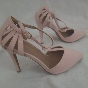 Light pink, suede, t-strap heels